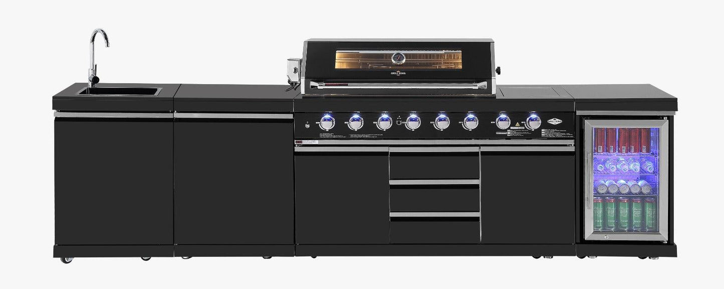 Kingsley 304 Black Stainless Steel 6 Burner Outdoor Kitchen w/ Fridge, Sink and Storage Bundle