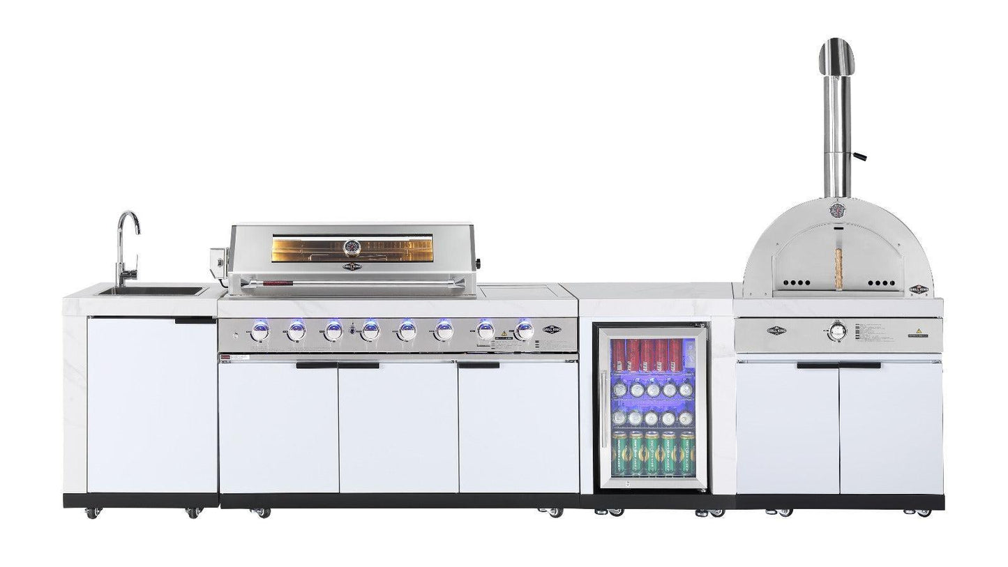 Rockpool White Sintered Stone 6 Burner Outdoor Kitchen (Natural Gas) w/ Fridge, Sink and 22" Gas Pizza Oven Bundle