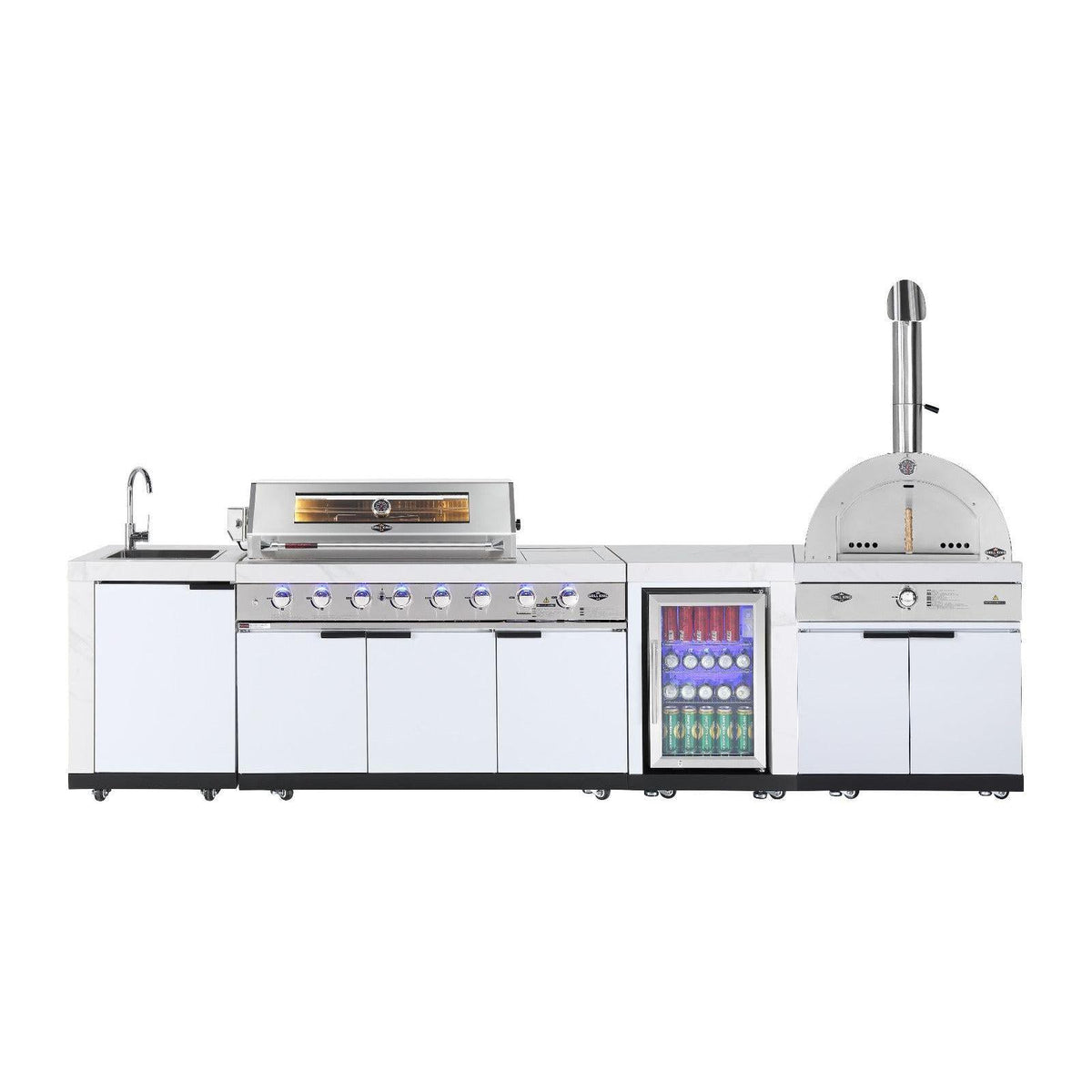 Rockpool White Sintered Stone 6 Burner Outdoor Kitchen (Natural Gas) w/ Fridge, Sink and 22" Gas Pizza Oven Bundle