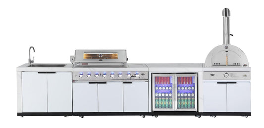 Rockpool White Sintered Stone 6 Burner Outdoor Kitchen (Natural Gas) w/ Fridge, Sink and 22" Gas Pizza Oven Bundle