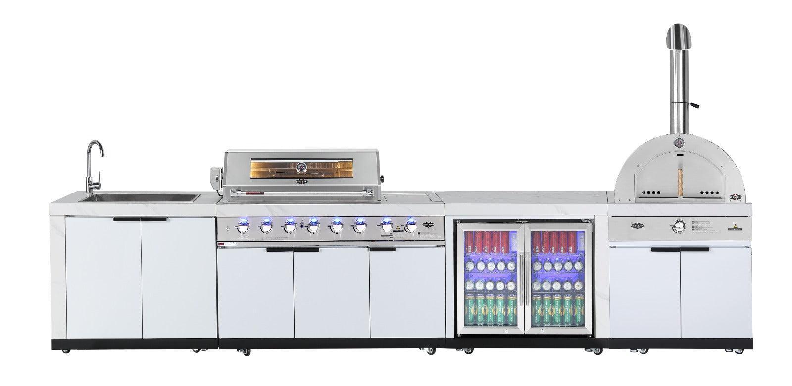 Rockpool White Sintered Stone 6 Burner Outdoor Kitchen (Natural Gas) w/ Fridge, Sink and 22" Gas Pizza Oven Bundle