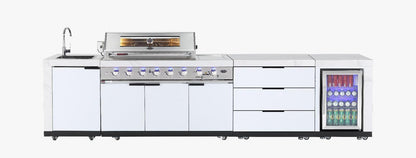 test rey 1 Rockpool White Sintered Stone 6 Burner Outdoor Kitchen (Natural Gas) w/ Fridge, Sink and 3 Drawer Storage Module