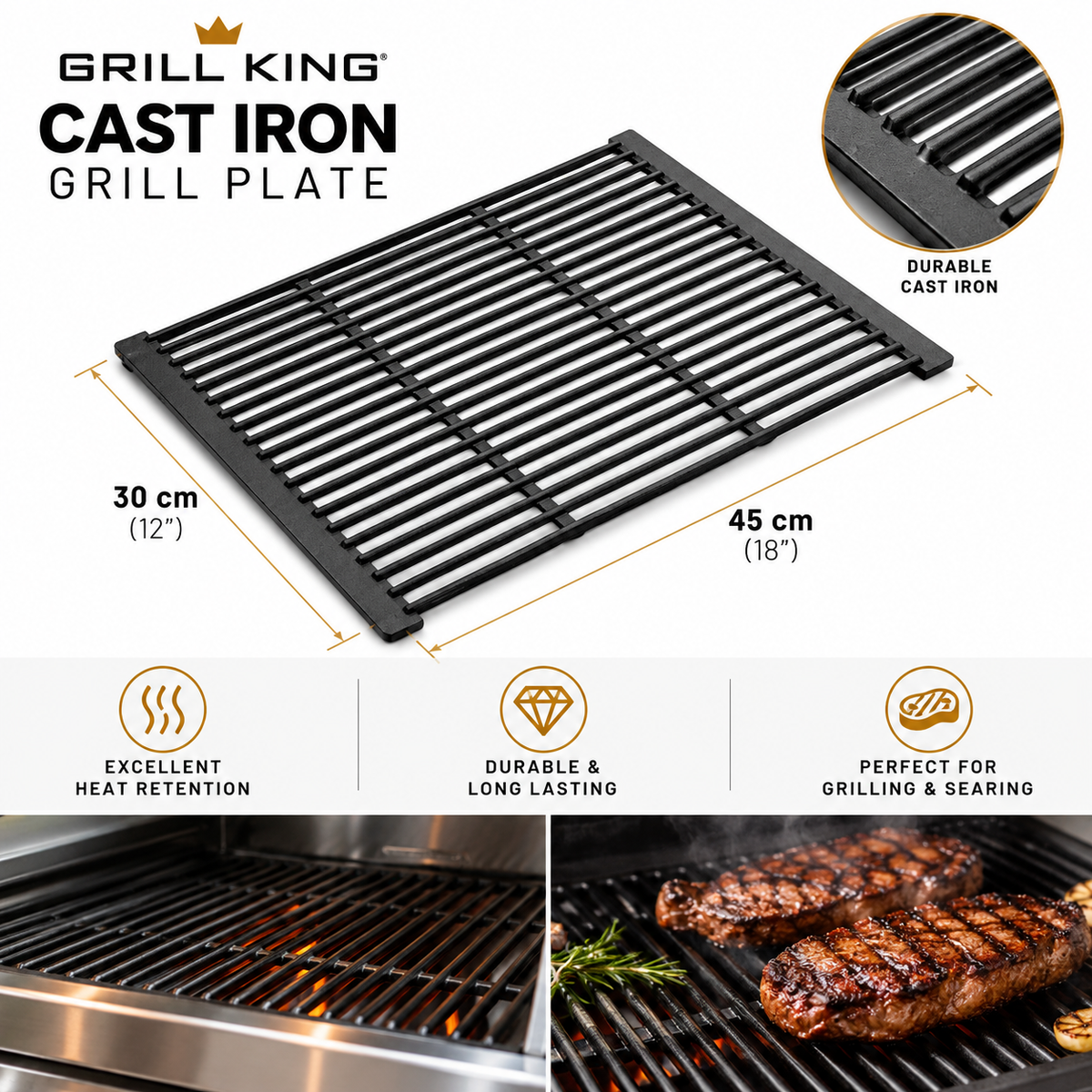 Grill King Heavy-Duty Cast Iron BBQ Grill Plate – 30 × 45cm