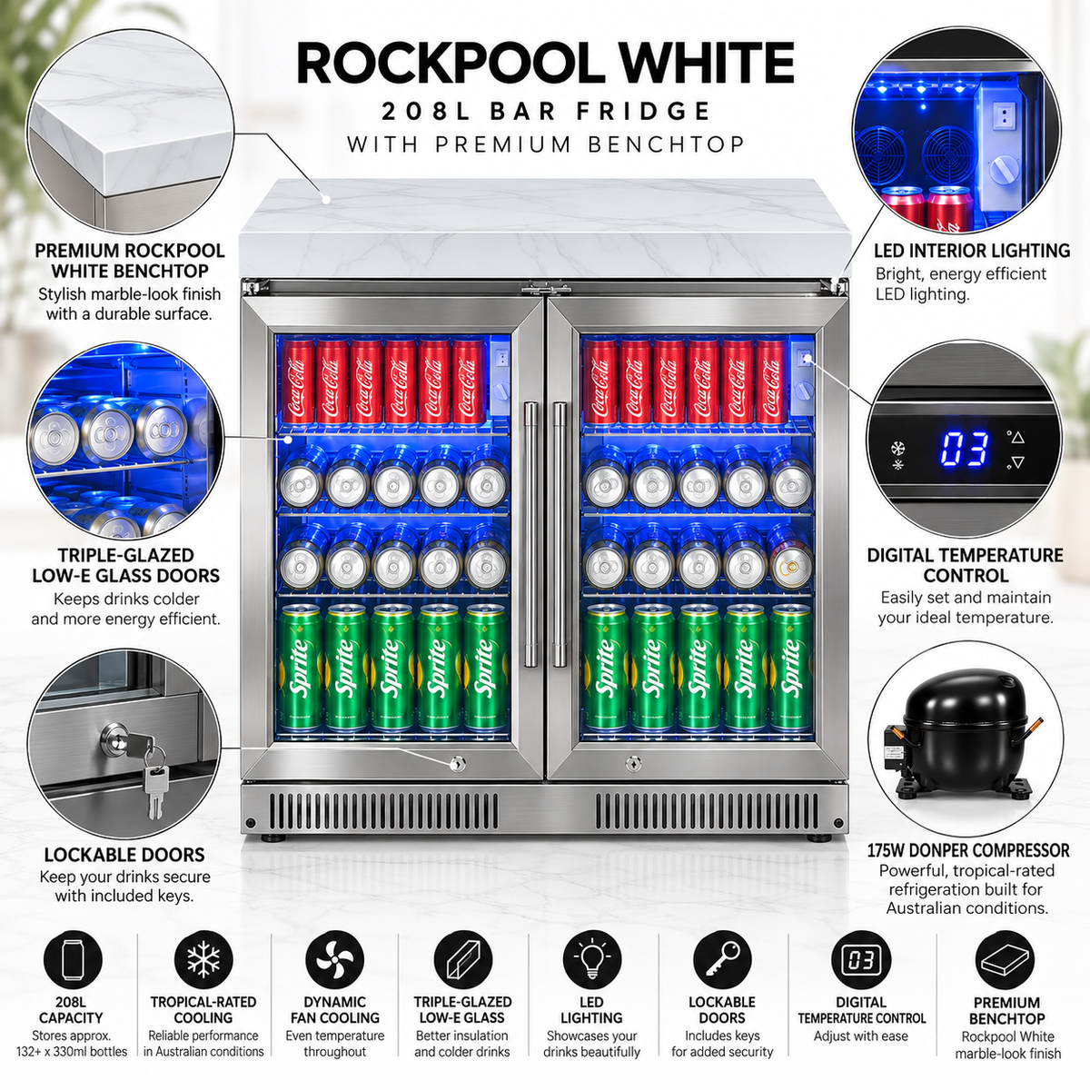Grill King Rockpool White Bench-top & 208L Bar Fridge l