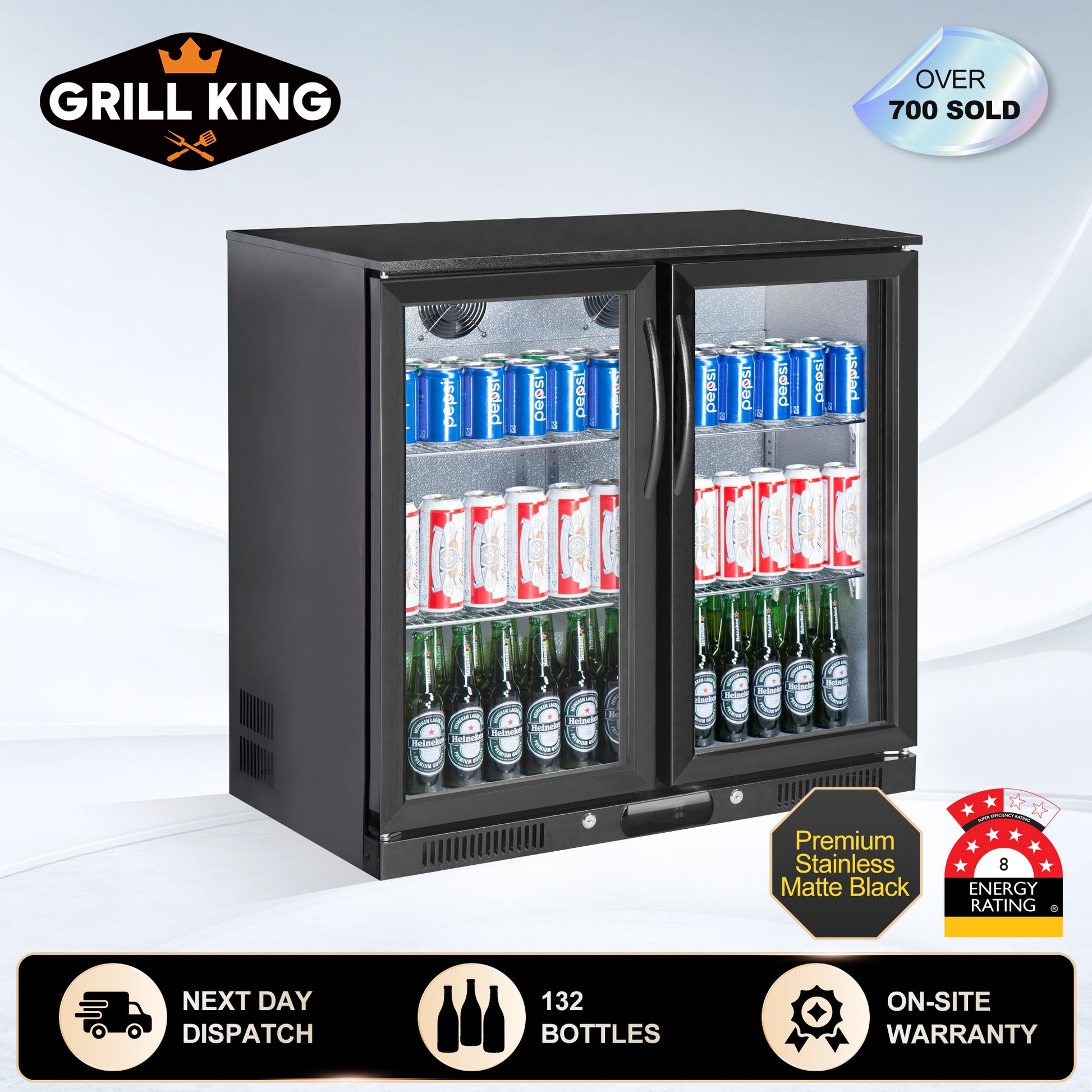 Tropical Rated Triple Glazed 208L Double Door Under-bench Commercial Bar Wine Fridge Drinks Chiller in Black