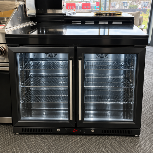 Kingsley BBQ Benchtop Fridge Module & 208L Black Stainless Steel Fridge Integration
