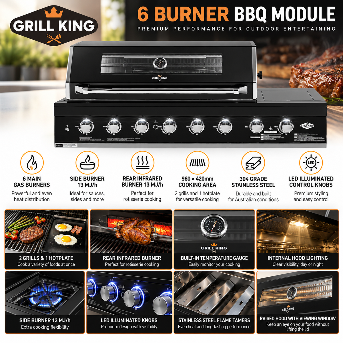 Grill King Kingsley 6 Burner Built-In BBQ Bundle – 208L Double Door Bar Fridge & 150cm Rangehood