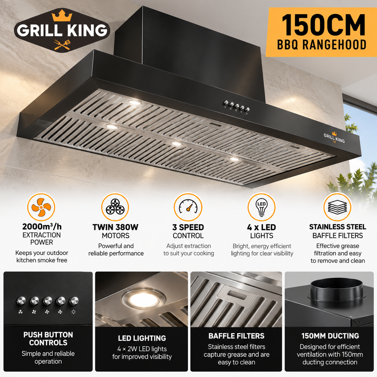 Grill King Kingsley 6 Burner Built-In BBQ Bundle – 208L Double Door Bar Fridge & 150cm Rangehood