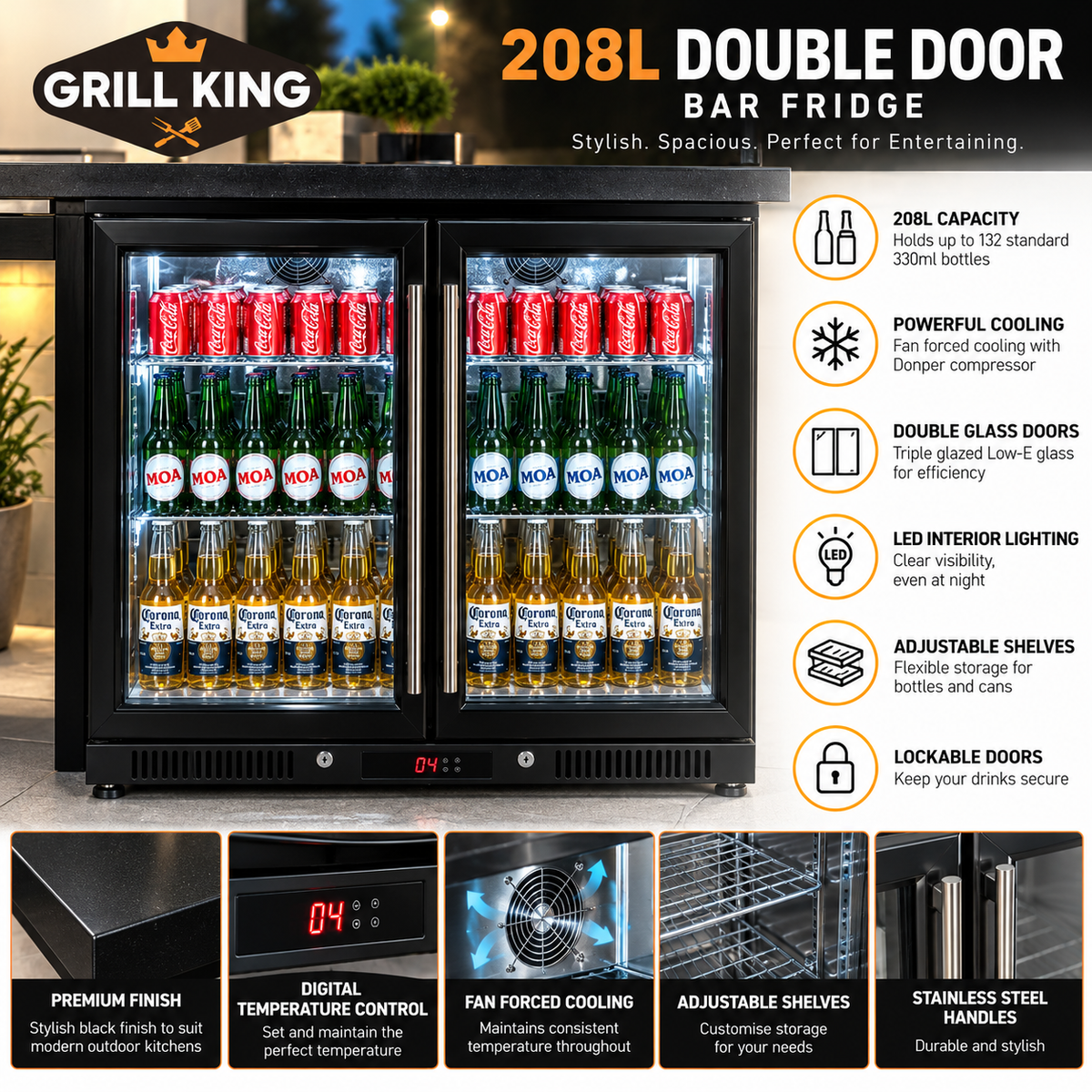 Grill King Kingsley 6 Burner Built-In BBQ Bundle – 208L Double Door Bar Fridge & 150cm Rangehood