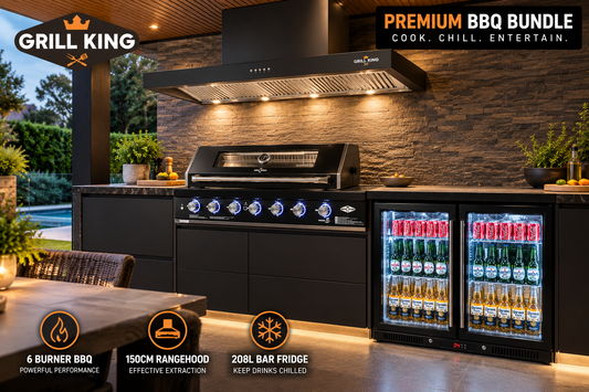 Grill King Kingsley 6 Burner Built-In BBQ Bundle – 208L Double Door Bar Fridge & 150cm Rangehood