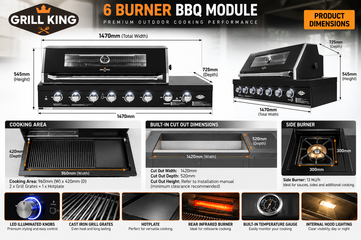 Grill King Kingsley 6 Burner Built-In BBQ Bundle – 208L Double Door Bar Fridge & 150cm Rangehood