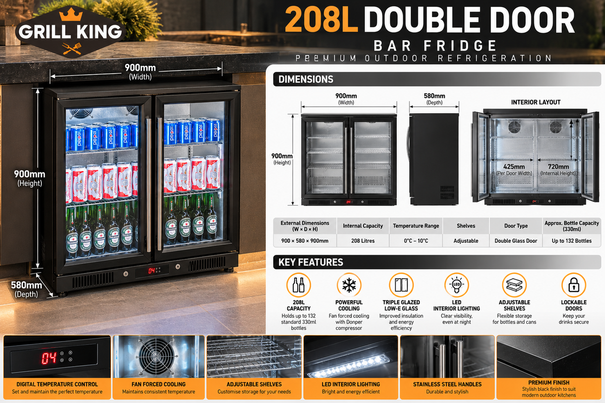 Grill King Kingsley 6 Burner Built-In BBQ Bundle – 208L Double Door Bar Fridge & 150cm Rangehood