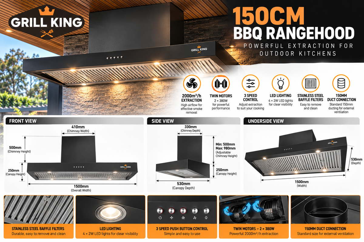 Grill King Kingsley 6 Burner Built-In BBQ Bundle – 208L Double Door Bar Fridge & 150cm Rangehood