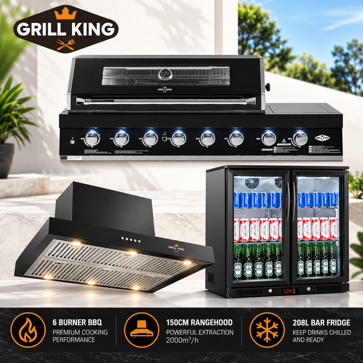 Grill King Kingsley 6 Burner Built-In BBQ Bundle – 208L Double Door Bar Fridge & 150cm Rangehood