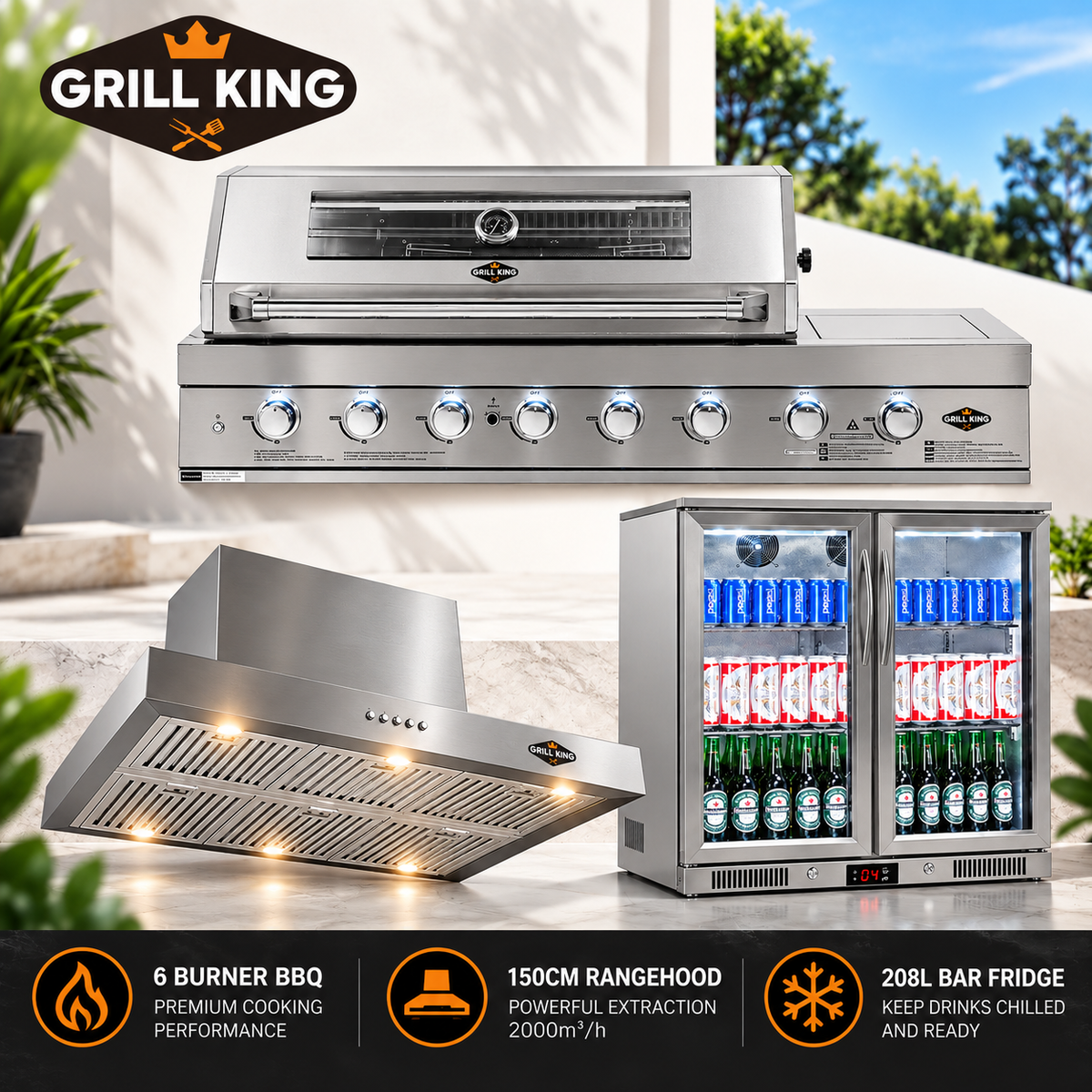 Grill King 6 Burner Stainless Steel BBQ Bundle – 208L Double Door Bar Fridge & 150cm Rangehood