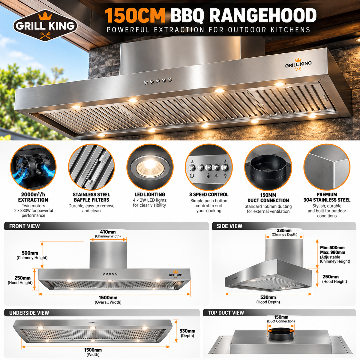 Grill King 6 Burner Stainless Steel BBQ Bundle – 208L Double Door Bar Fridge & 150cm Rangehood