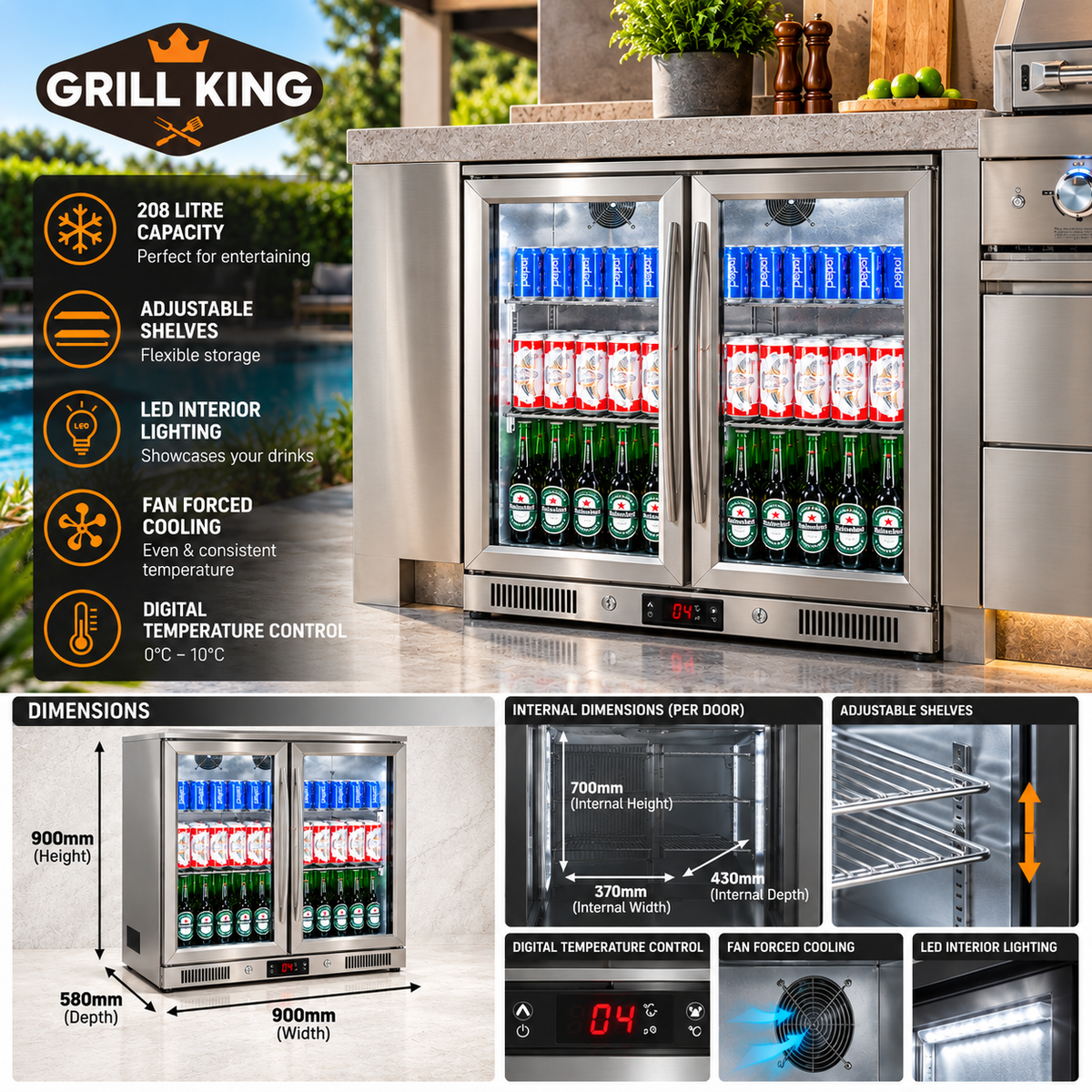 Grill King 6 Burner Stainless Steel BBQ Bundle – 208L Double Door Bar Fridge & 150cm Rangehood