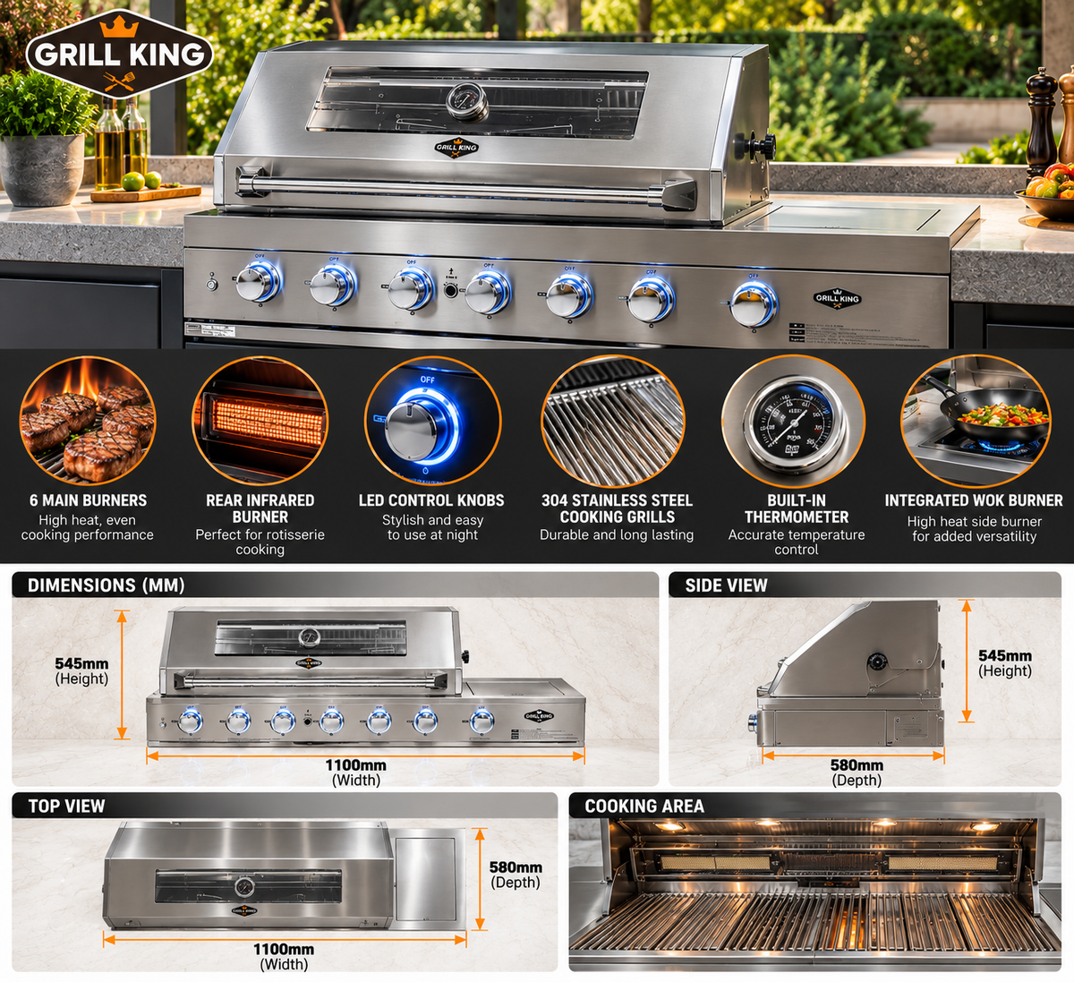 Grill King 6 Burner Stainless Steel BBQ Bundle – 208L Double Door Bar Fridge & 150cm Rangehood