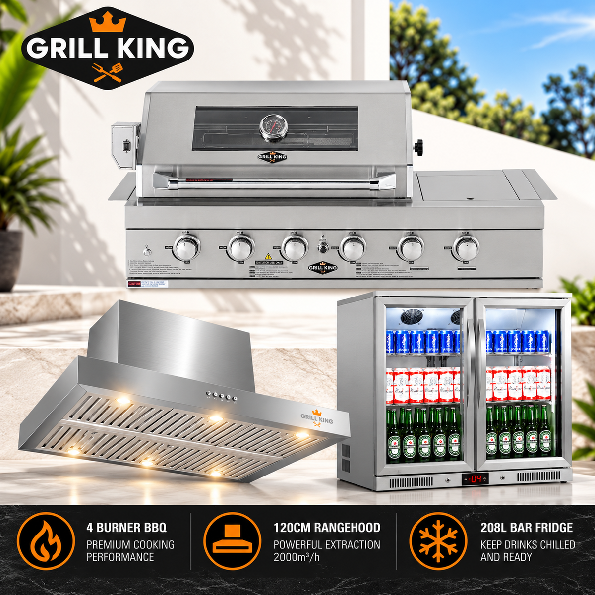 Grill King 4 Burner BBQ, 208L Bar Fridge & 120cm Rangehood Bundle – Stainless Steel