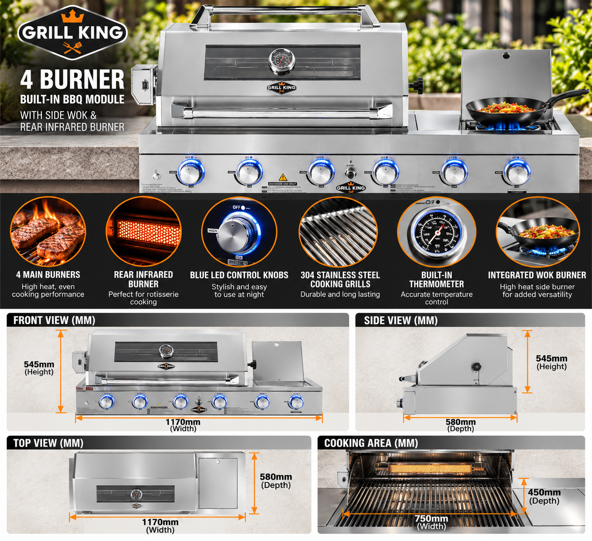 Grill King 4 Burner BBQ, 208L Bar Fridge & 120cm Rangehood Bundle – Stainless Steel