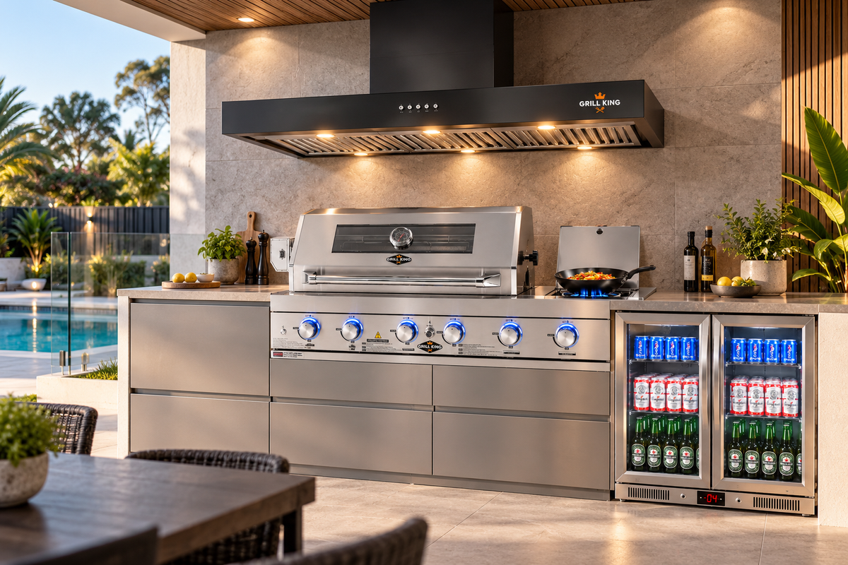 Grill King 4 Burner BBQ, 208L Bar Fridge & 120cm Rangehood Bundle – Stainless Steel