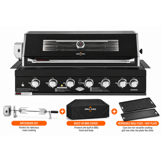 Black Stainless Steel 6 Burner Built-In BBQ With Rear Infrared Bruner | Black 304 High Grade SS, Blue LED Knobs