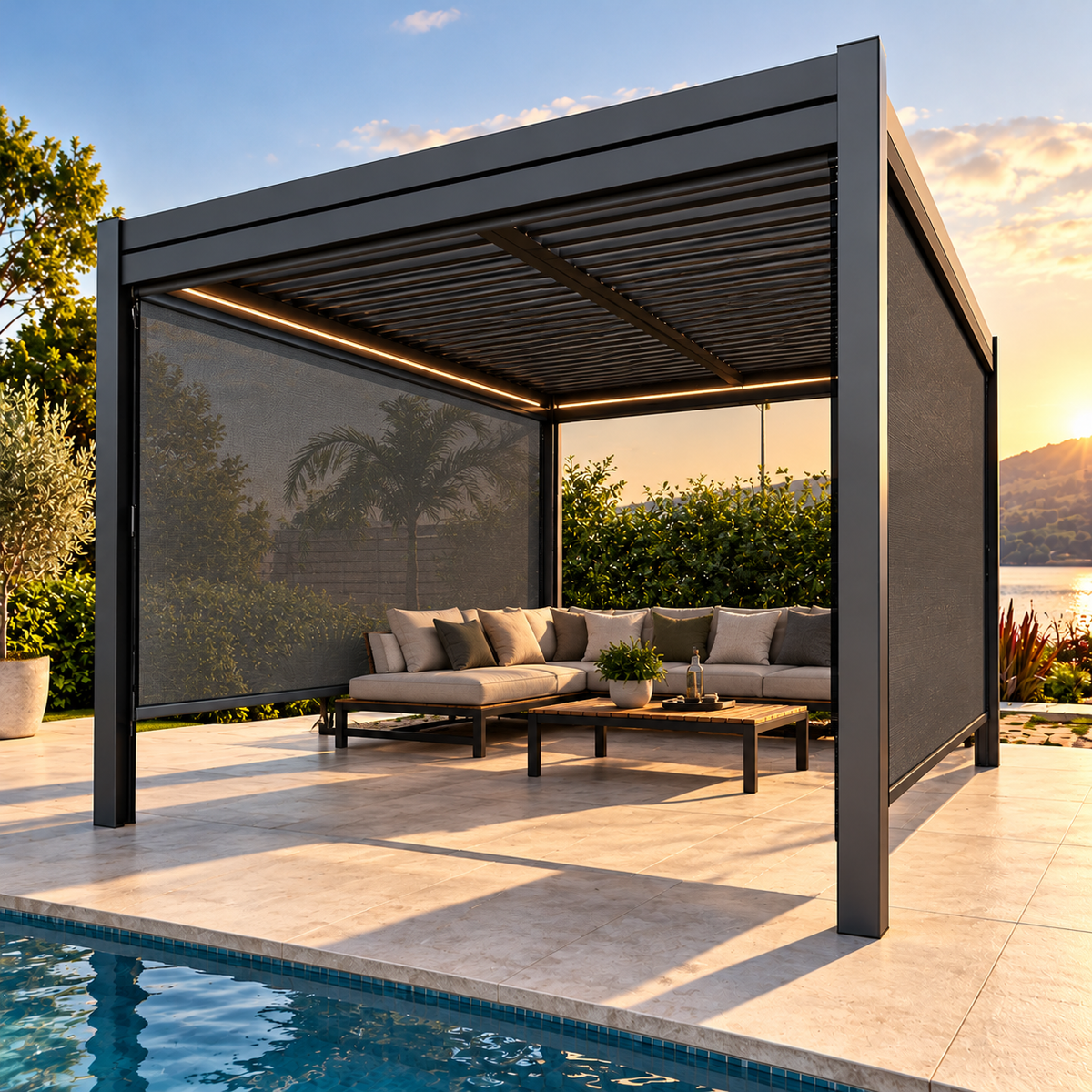 GazeboMate Combo: 3M x 4M Monument Aluminium Louvered Gazebo + Retractable Privacy Screen
