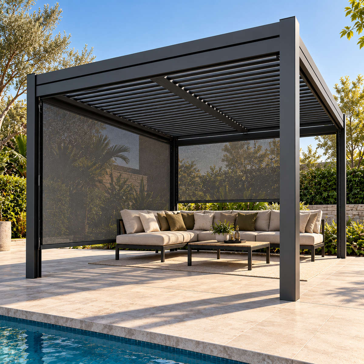 GazeboMate Combo: 3M x 4M Monument Aluminium Louvered Gazebo + Retractable Privacy Screen