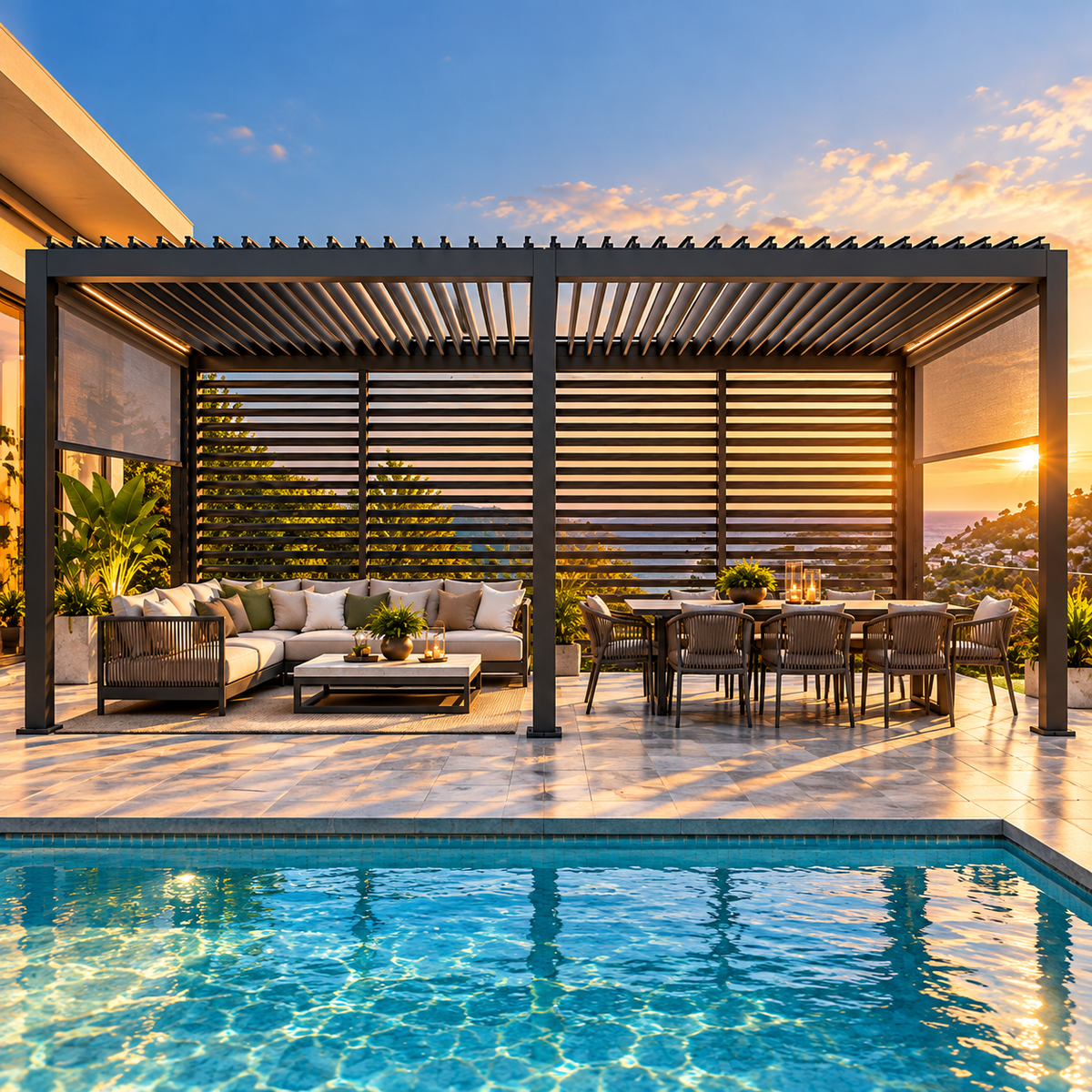 GazeboMate 3.6m × 7.2m Aluminium Louvered Pergola & Retractable Privacy Screen – Monument