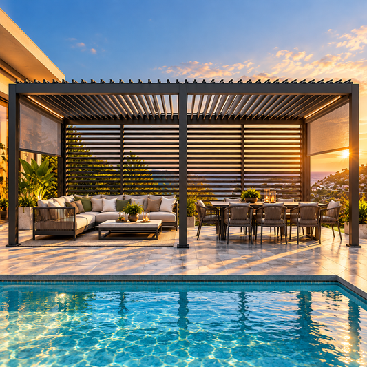 GazeboMate 3.6m × 7.2m Aluminium Louvered Pergola & Retractable Privacy Screen – Monument