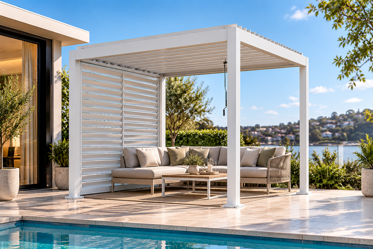 GazeboMate 3m x 4m White Aluminium Louvered Gazebo + Adjustable Privacy Wall Combo