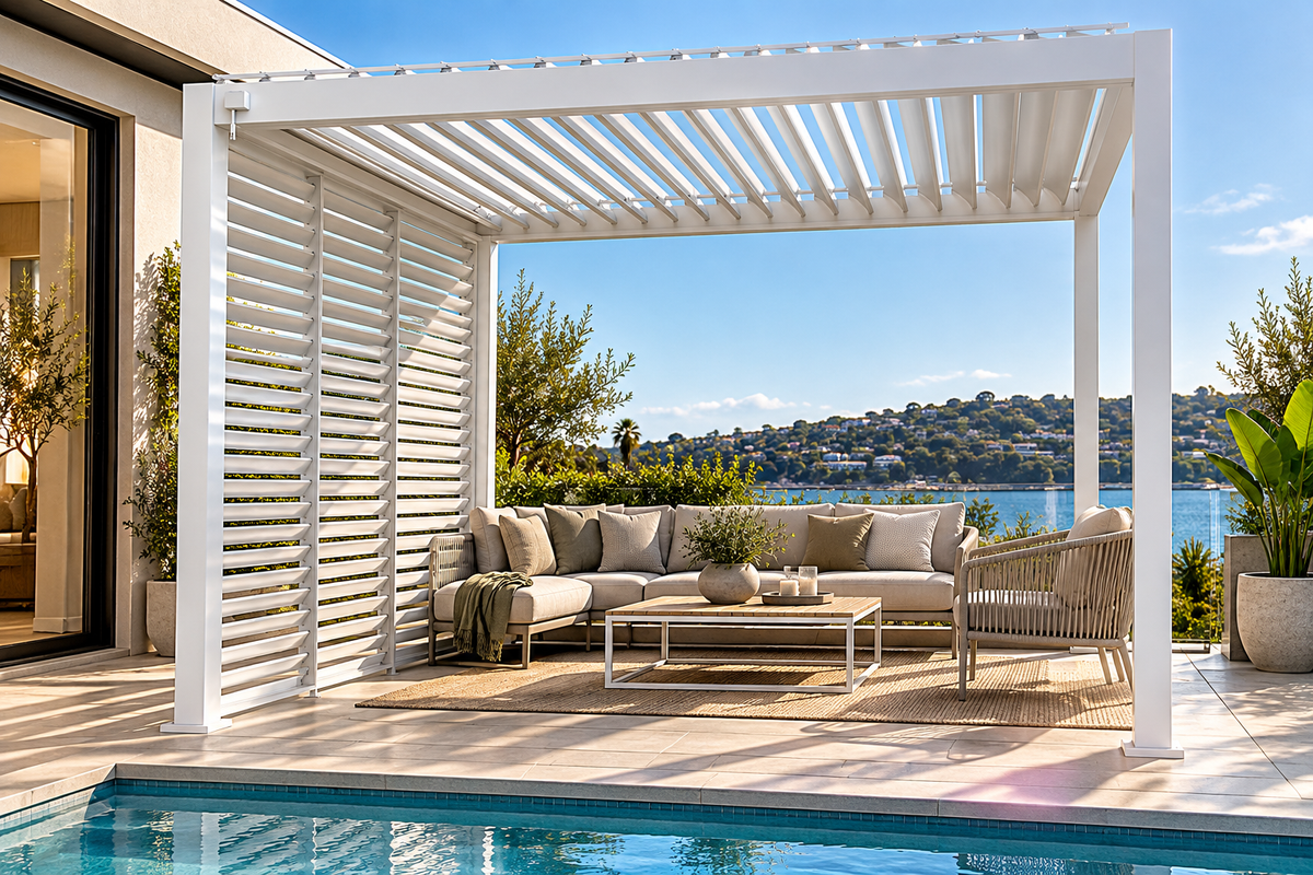 GazeboMate 3m x 4m White Aluminium Louvered Gazebo + Adjustable Privacy Wall Combo