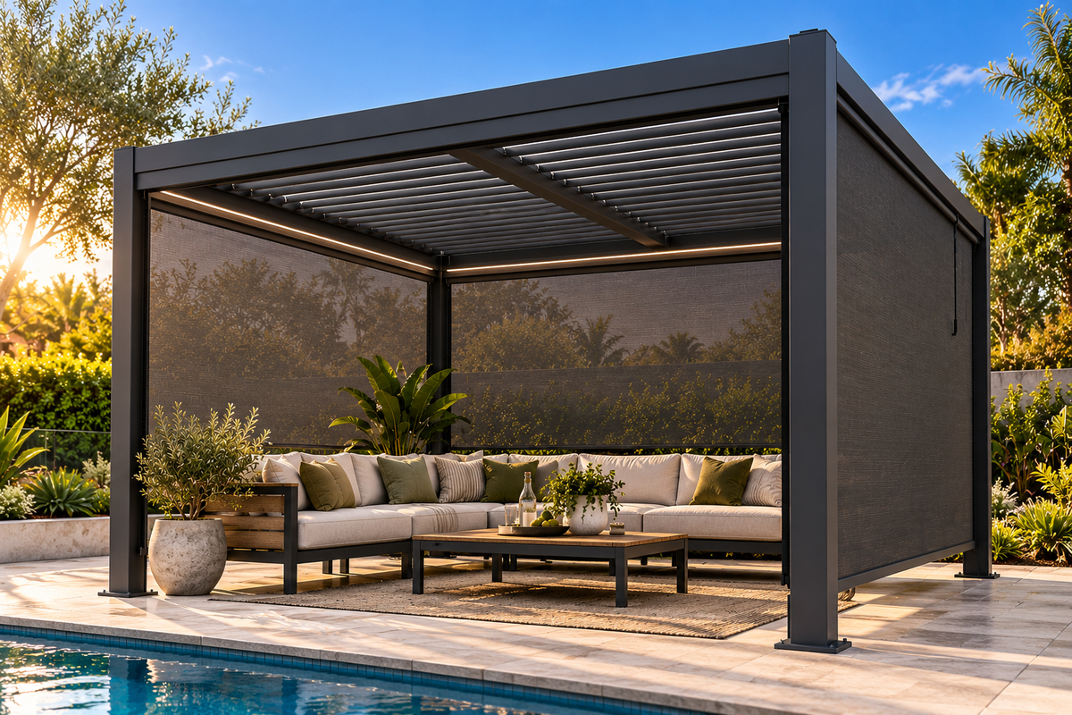 GazeboMate Aluminium Louvered Gazebo with Privacy Wall – Monument