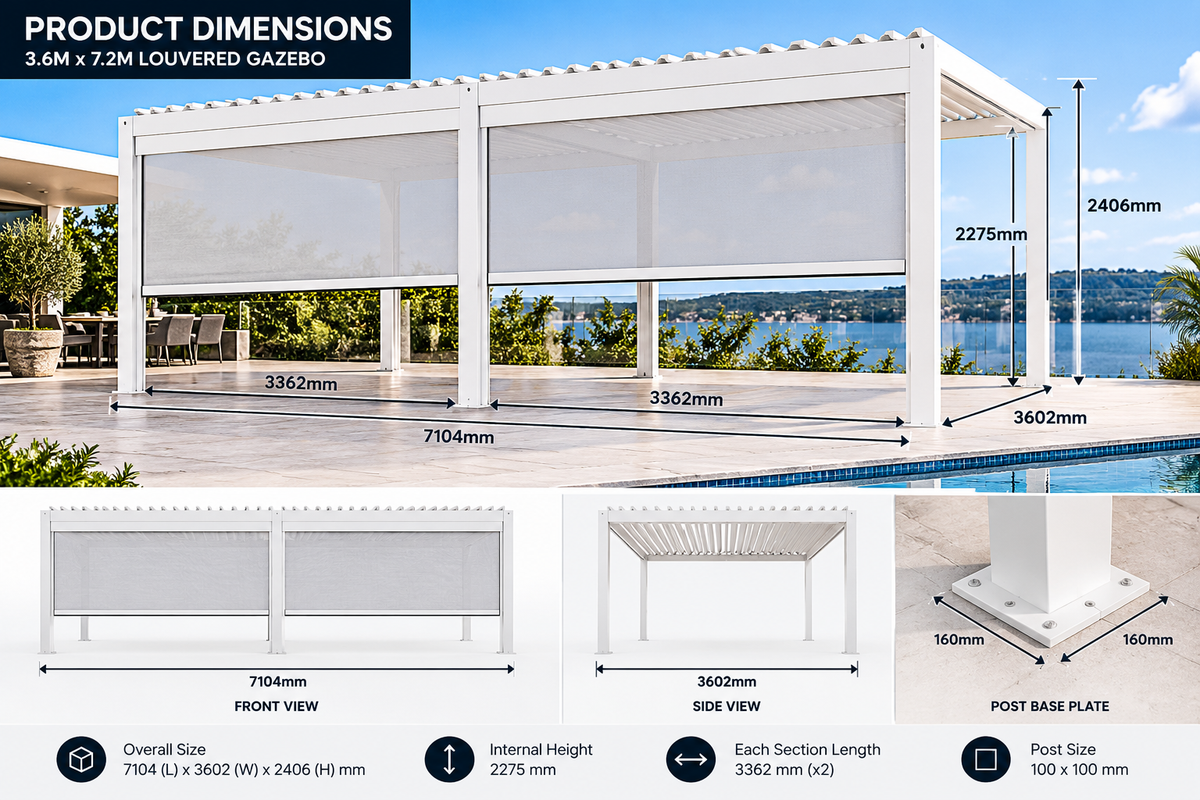 GazeboMate 3.6m × 7.2m Aluminium Louvered Gazebo + Retractable Privacy Screen – White