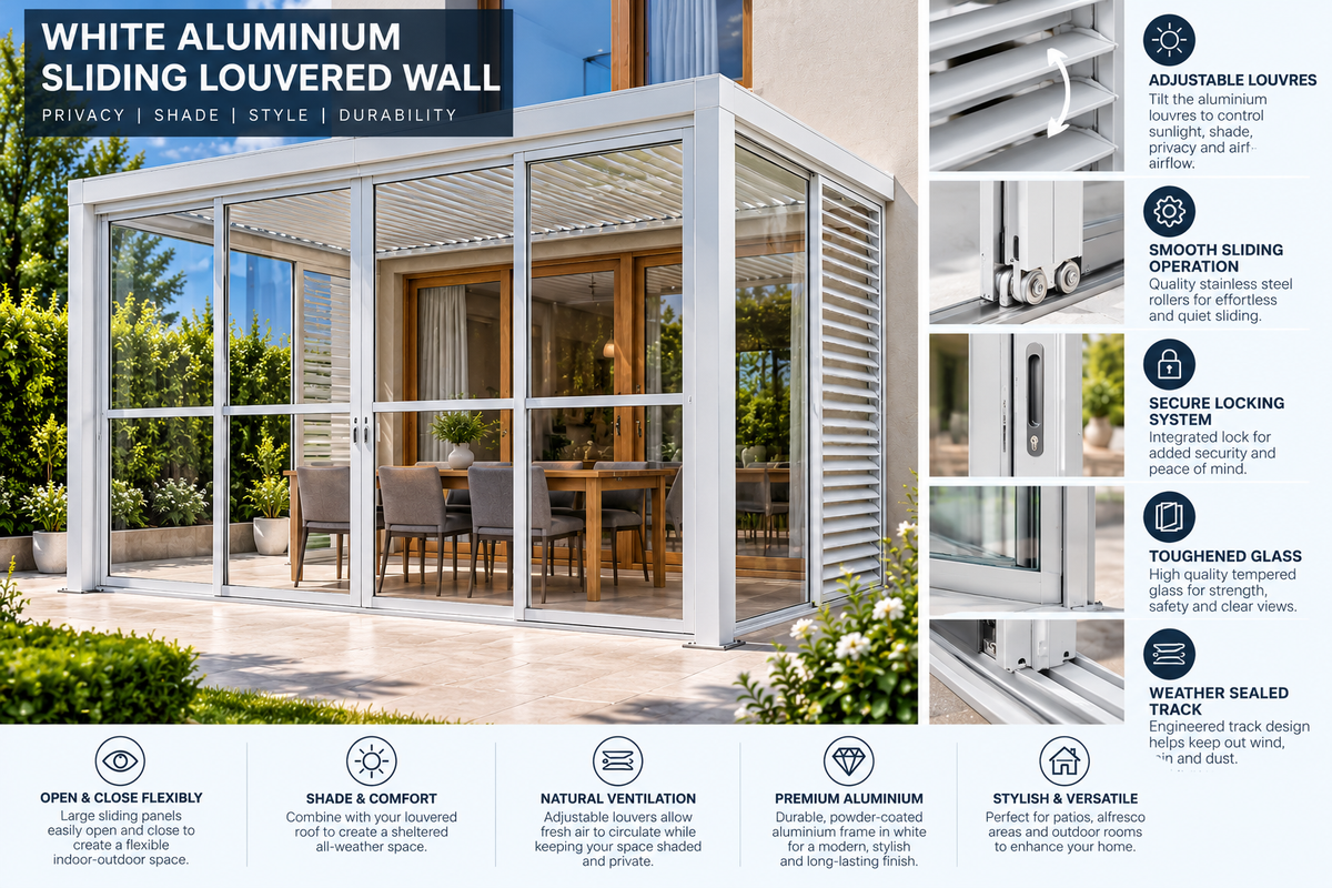 GazeboMate 3m × 4m Wall-Mounted Aluminium Louvered Pergola – Privacy Screen & Wall Options