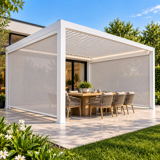 GazeboMate 3m × 4m White Aluminium Louvered Gazebo – Retractable Privacy Screen & Side Wall Combos