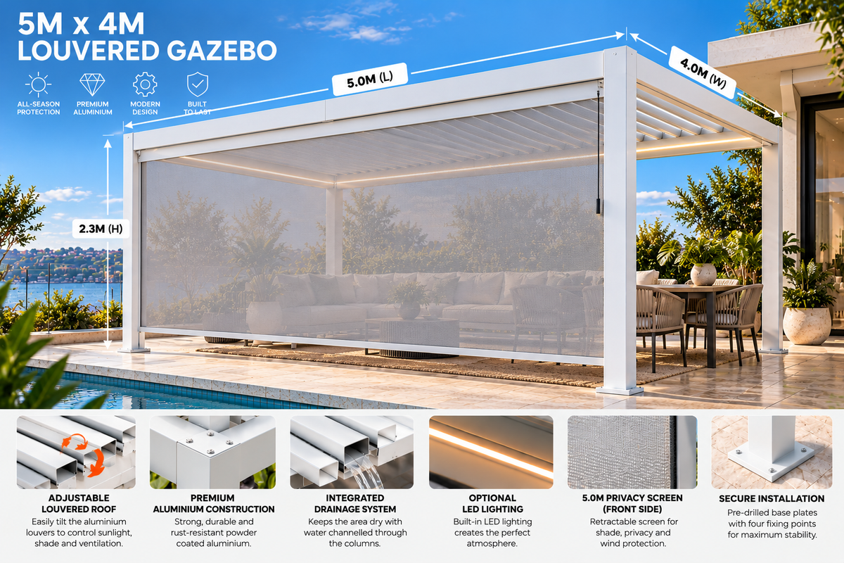 GazeboMate 4m × 5m White Aluminium Louvered Gazebo + Retractable Privacy Screen Combo