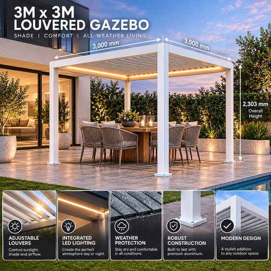 GazeboMate 3m × 3m White Aluminium Louvered Gazebo – Adjustable Roof Pergola
