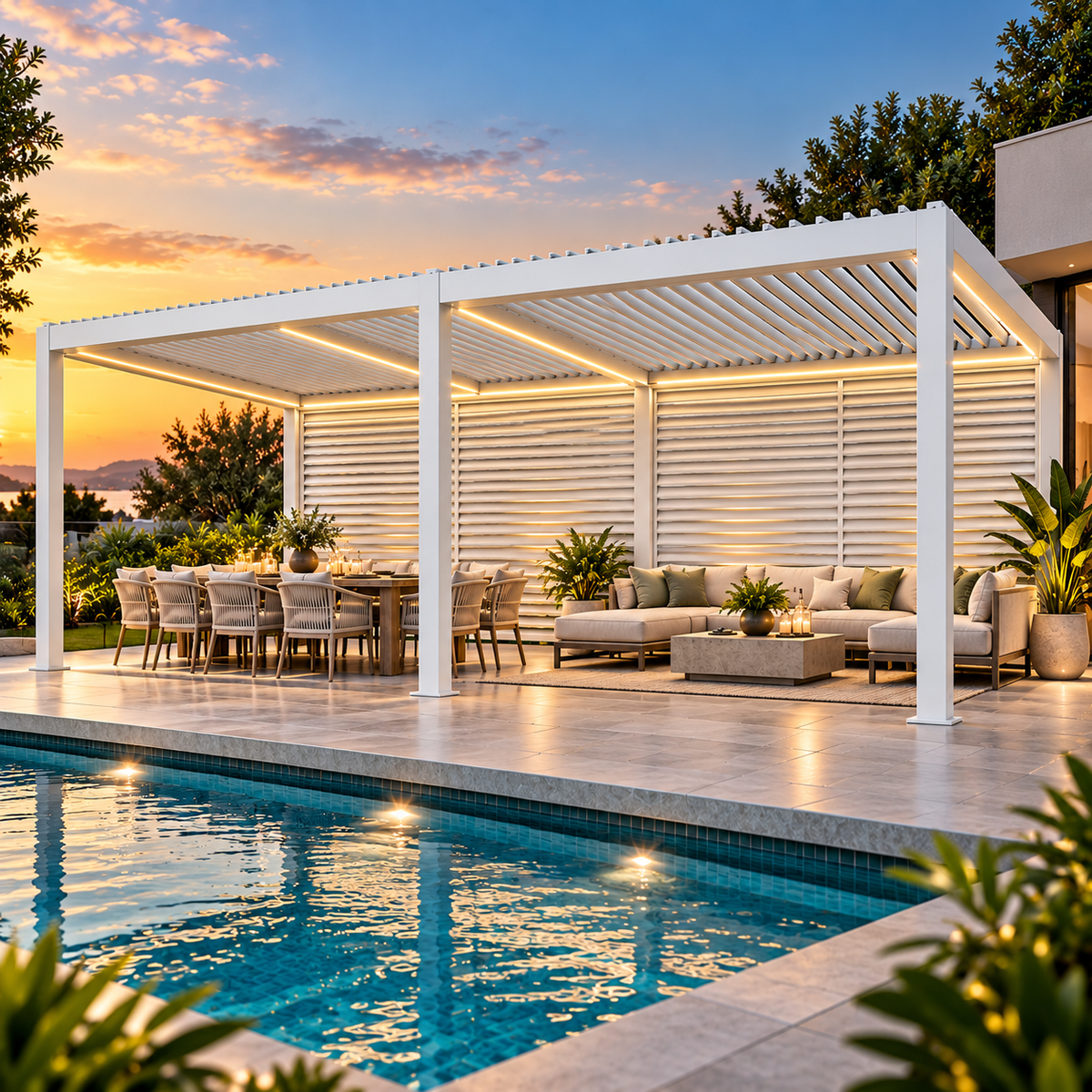 GazeboMate 3.6m × 7.2m White Aluminium Louvered Gazebo – Adjustable Roof Pergola