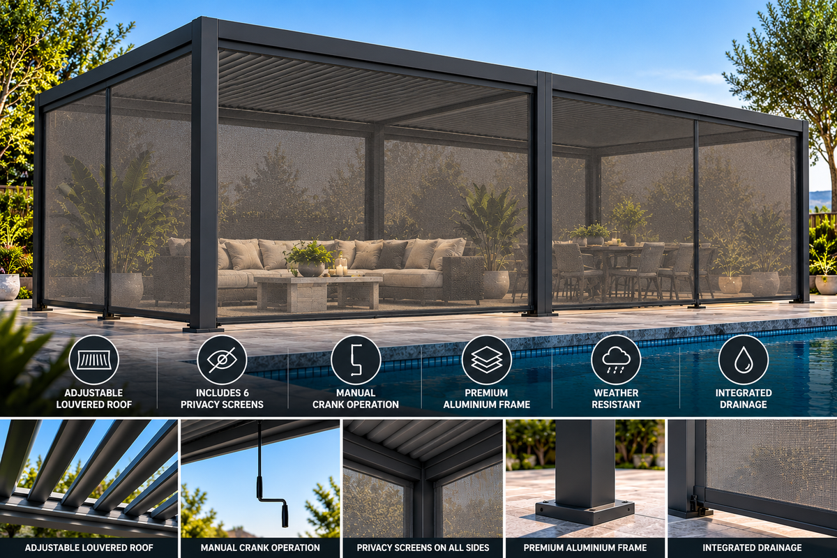 GazeboMate 3m × 6m Monument Aluminium Louvered Gazebo – Adjustable Roof Pergola