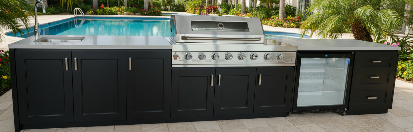 Grill King Signature Series Outdoor BBQ Kitchen Package | White Stone, Aluminium Cabinet Finish Inc Grill King 6B Built-In BBQ + Rotisserie