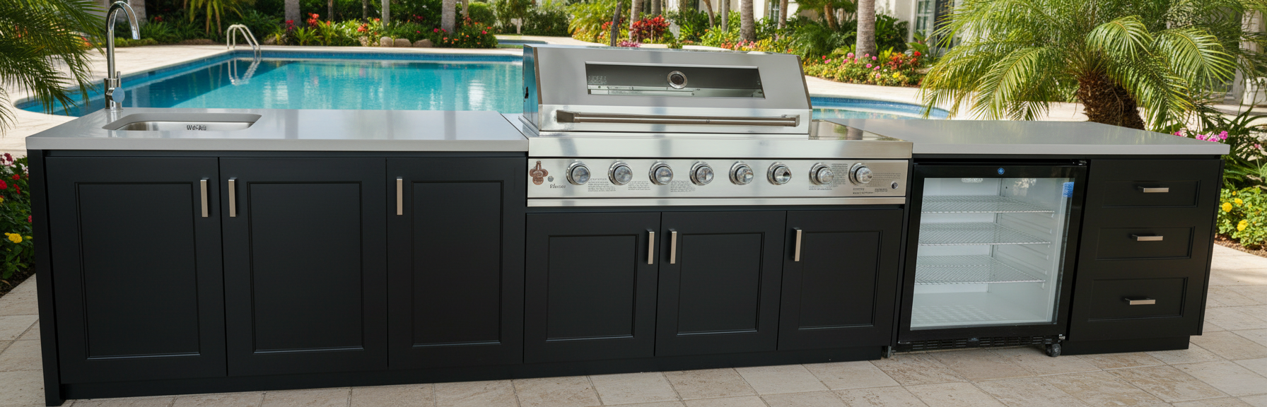 Grill King Signature Series Outdoor BBQ Kitchen Package | White Stone, Aluminium Cabinet Finish Inc Grill King 6B Built-In BBQ + Rotisserie