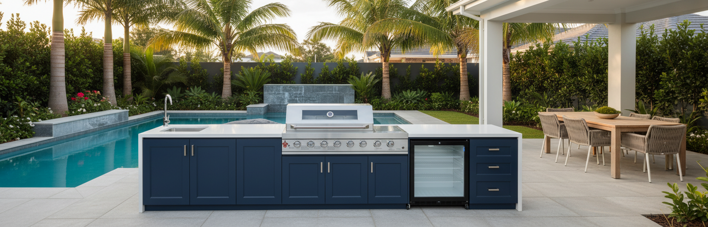 Grill King Signature Series Outdoor BBQ Kitchen Package | White Stone, Aluminium Cabinet Finish Inc Grill King 6B Built-In BBQ + Rotisserie
