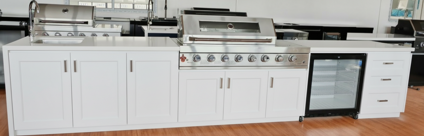 Grill King Signature Series Outdoor BBQ Kitchen Package | White Stone, Aluminium Cabinet Finish Inc Grill King 6B Built-In BBQ + Rotisserie