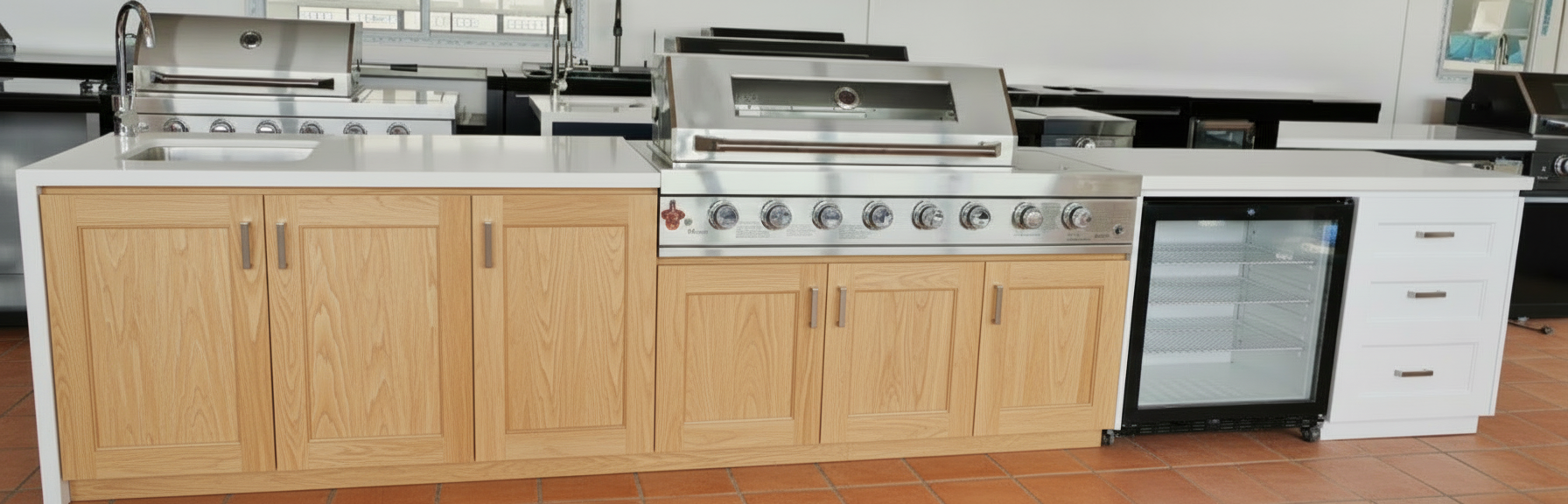 Grill King Signature Series Outdoor BBQ Kitchen Package | White Stone, Aluminium Cabinet Finish Inc Grill King 6B Built-In BBQ + Rotisserie