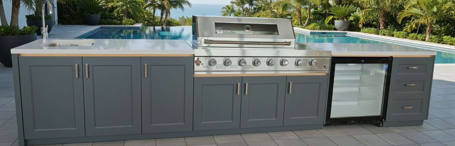 Grill King Signature Series Outdoor BBQ Kitchen Package | White Stone, Aluminium Cabinet Finish Inc Grill King 6B Built-In BBQ + Rotisserie