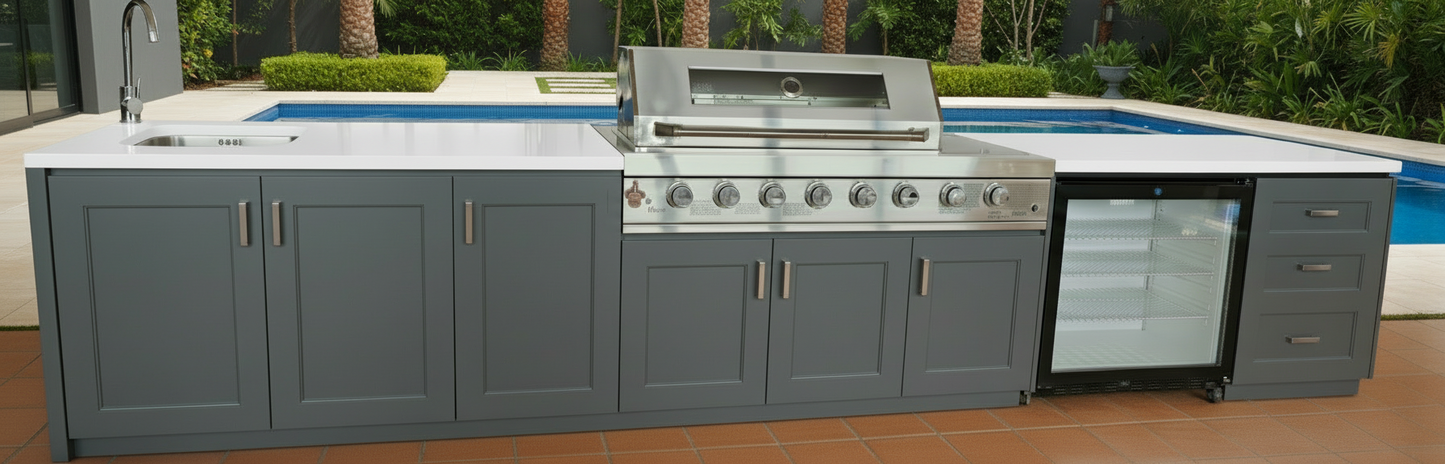 Grill King Signature Series Outdoor BBQ Kitchen Package | White Stone, Aluminium Cabinet Finish Inc Grill King 6B Built-In BBQ + Rotisserie