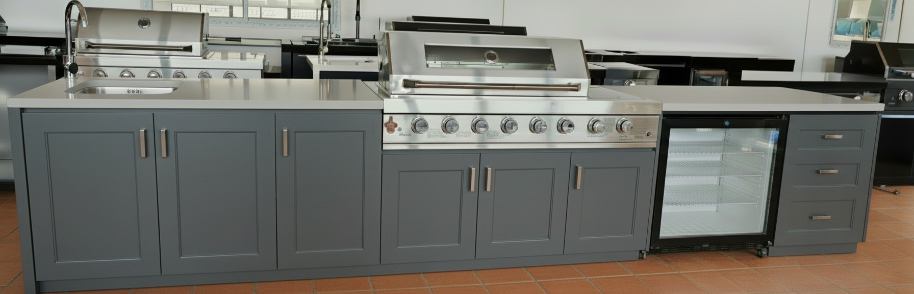 Grill King Signature Series Outdoor BBQ Kitchen Package | White Stone, Aluminium Cabinet Finish Inc Grill King 6B Built-In BBQ + Rotisserie