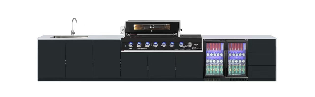 Grill King Signature Series Outdoor BBQ Kitchen Package | White Stone, Aluminium Cabinet Finish Inc Grill King 6B Built-In BBQ + Rotisserie