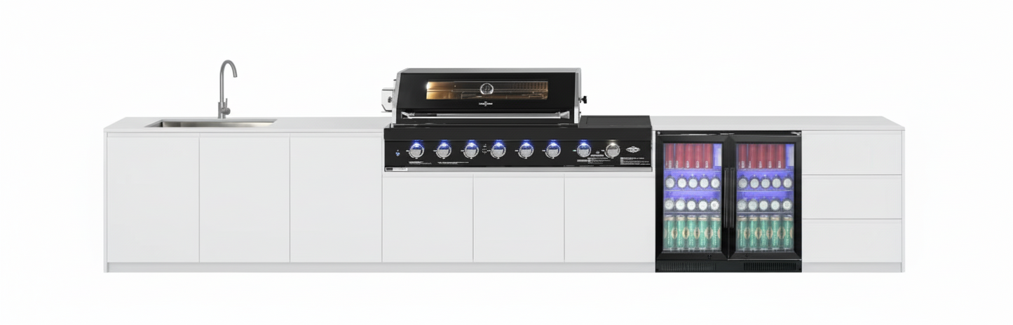 Grill King Signature Series Outdoor BBQ Kitchen Package | White Stone, Aluminium Cabinet Finish Inc Grill King 6B Built-In BBQ + Rotisserie